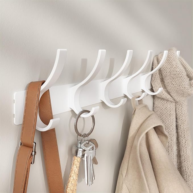 Optish Coat Rack Wall Mount, Coat Hook Wall Mount, Wall Hooks for Hanging, Hat Rack for Walls, Coats Hanger with 12 Hook, Towel Hooks for Bathrooms (2 Pack, White)