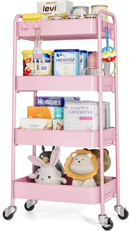 TOOLF 4-Tier Rolling Cart - Metal Storage Organizer with Lockable Wheels, 44 lbs Per Shelf Capacity, Tool-Free Assembly, for Kitchen Bathroom Office Laundry Room Nursery, Pink