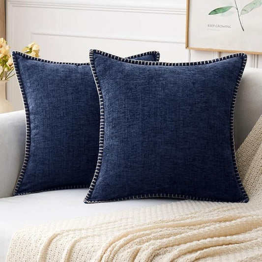 MIULEE Pack of 2 Couch Throw Pillow Covers 16x16 Inch Navy Blue Farmhouse Decorative Pillow Covers with Stitched Edge Soft Chenille Solid Dyed Pillow Covers for Sofa Bed Living Room