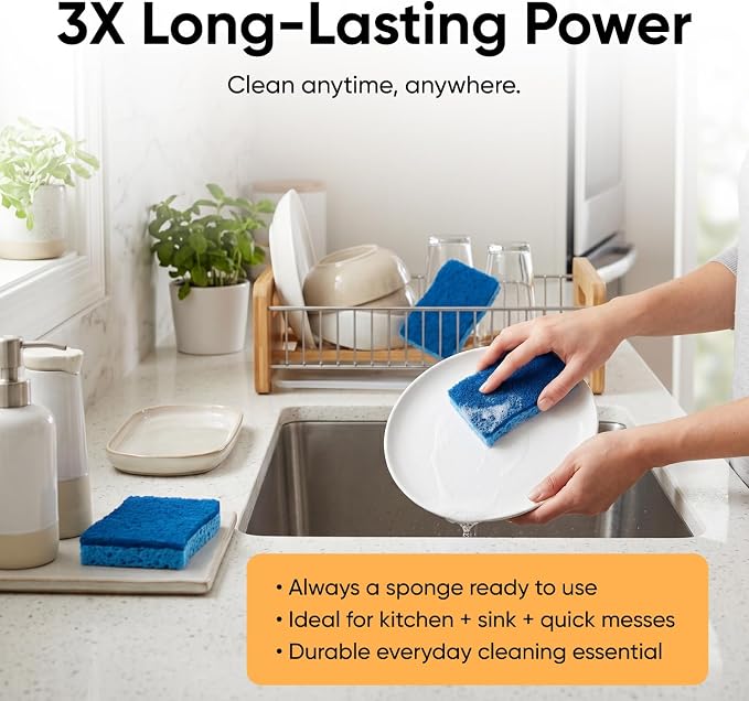 Superio Non-Scratch Cellulose Sponge Scrub (12-Pack) Heavy Duty Kitchen Sponges Scrubbers with Scouring Pad (Blue)