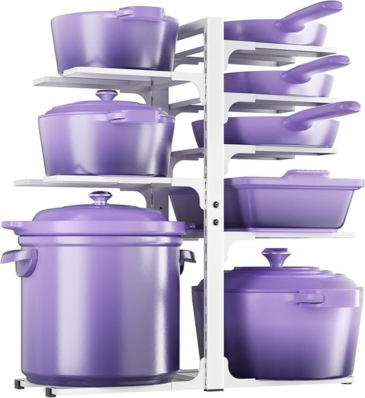 MUDEELA 8-Tier Pots and Pans Organizer under Cabinet, Heavy Duty Adjustable Pot Pan Organizers inside Cabinet, Kitchen Cabinet Organizers and Storage Pot Rack for Big Stockpots, Heavy Cookware, White