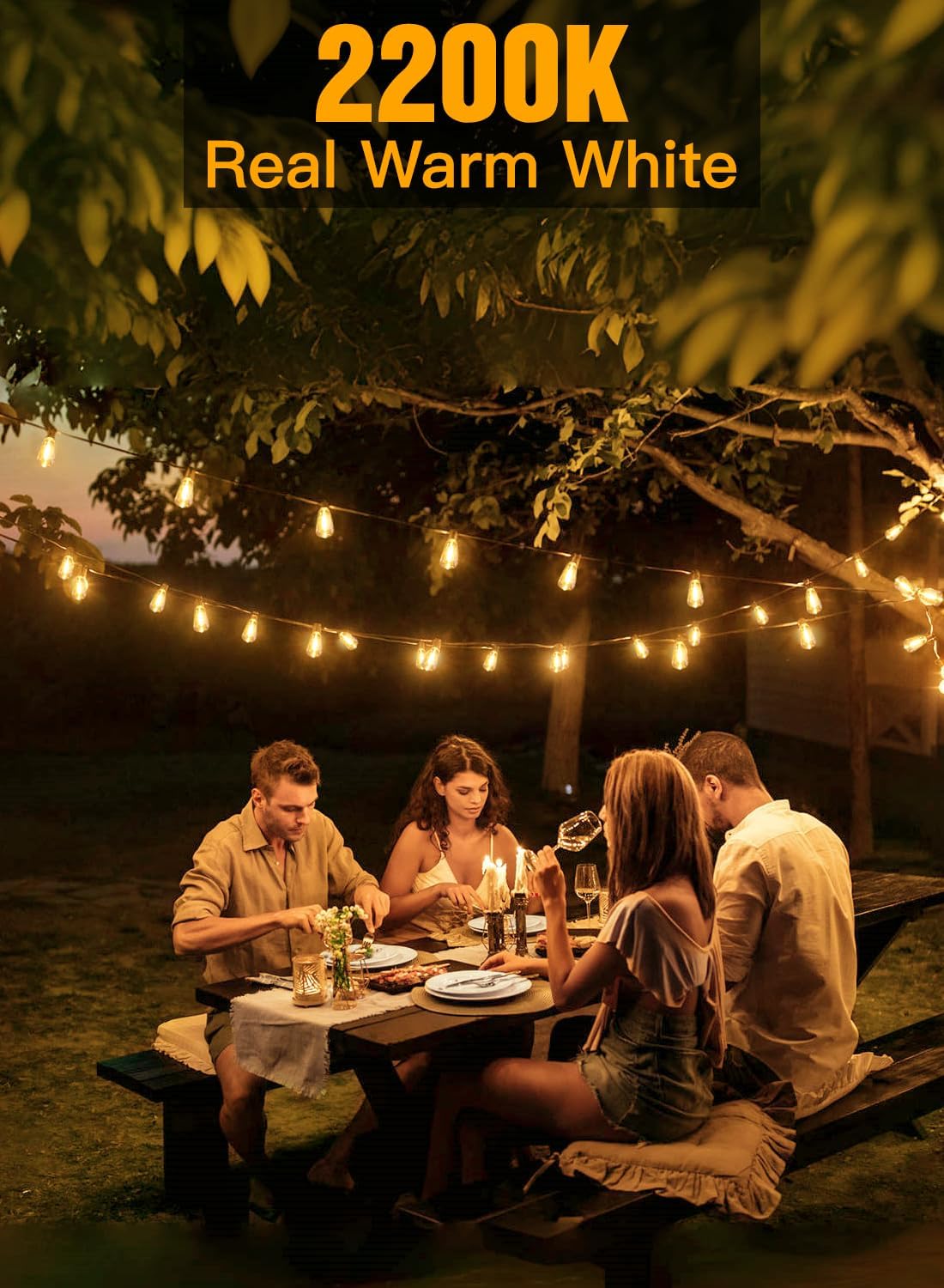 Ollny 50FT Outdoor String Lights, Shatterproof Connectable Patio Lights with 25+2 Spare ST38 Vintage Bulbs, 2200K Warm White Waterproof Outside Hanging Light for Camping Yard Gazebo Porch Balcony