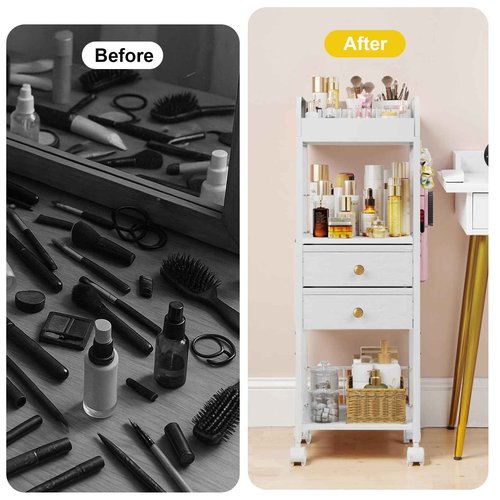 DongRong Floor Makeup Organizer with Lockable Wheels & 8 Dividers, 2-Drawer Rolling Skincare Cart for Cosmetics/Perfume/Nail Polish, Mobile Vanity Storage - White (Bathroom/Bedroom Use)