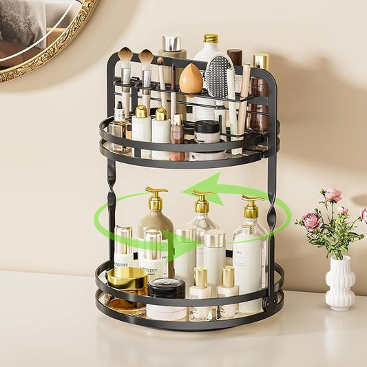 360° Rotating Makeup Organizer, 2-Tier Black Perfume Organizer for Dresser, Bathroom Organizers Countertop, Perfume Shelf with Makeup Brush Holder, Skincare Holder Cosmetic Display(Black)