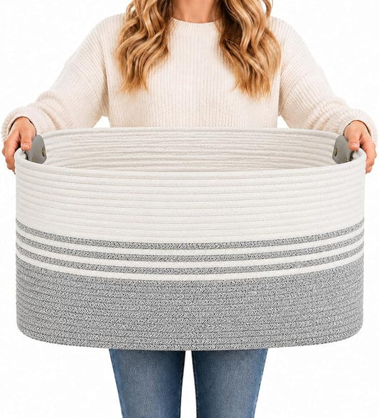 AINUOQI Laundry Basket with Handles - Blanket Basket & Hampers for Bedroom Aesthetic, Laundry Hamper & Blanket Storage for Living Room, Clothes Hamper, Tall, Large 21.7" x 16.9" x 11.8”, Grey