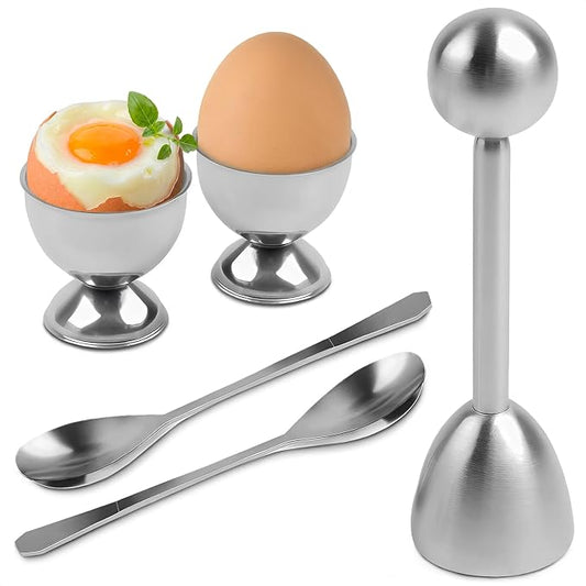 Egg Shell Opener Set – 2 Pcs Egg Cups for Soft Boiled Eggs & 2 Pcs Spoons, Rust-Resistant Stainless Steel, Fits Most Eggs Sizes - Ergonomic Design, Adjustable Effort for Effortless & Precise Cracking
