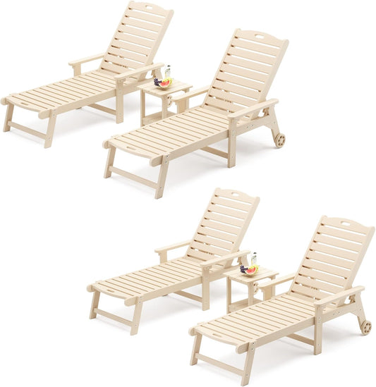 LUE BONA Chaise Lounge Chairs Set with Table, 6-Piece, 79'' Oversized HDPS Chaise Lounger, 5 Positions Adjustable Patio Lounge Chairs, Pool Lounge Chair with Wheels for Poolside, 3-Year Warranty, Sand