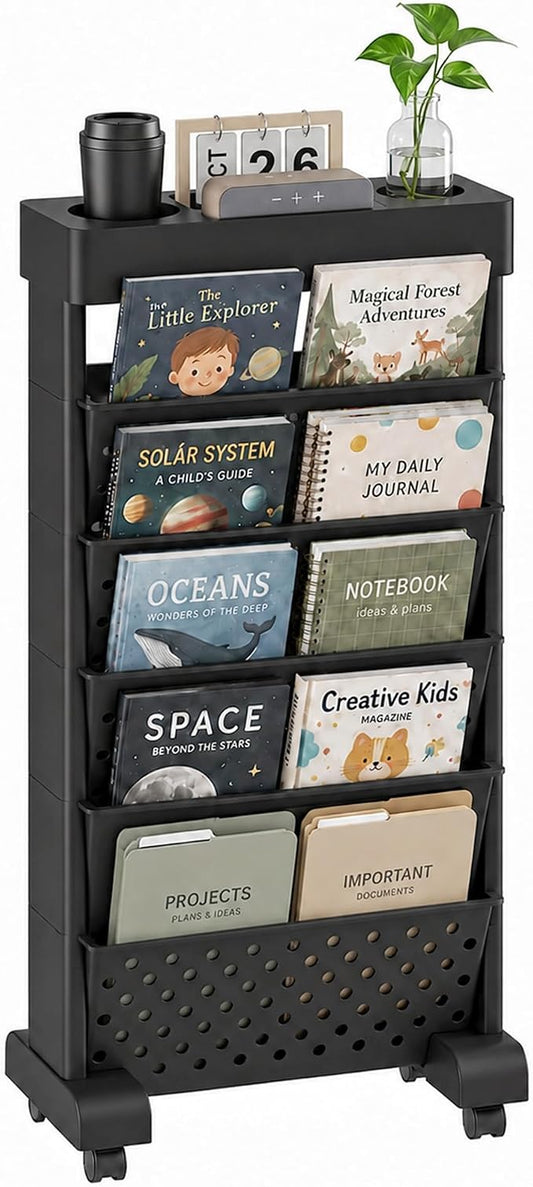 6-Tier Bookshelf, Book Storage Organization with Wheels Mobile Rolling Bookshelves Cart for Home Office Kids’ Study Room School, Black