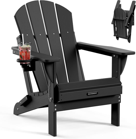 MUCHENGHY Folding Adirondack Chairs Patio Chairs Outdoor Adirondack Chair Weather Resistant Chair for Patio, Outside, Deck, Backyard, Fire Pit Chair, Campfire Chairs (Black)