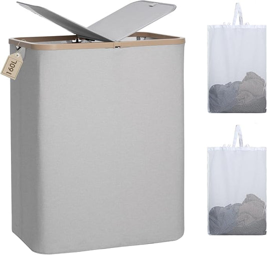 DOKEHOM 160L Extra Large Laundry Hamper with Lid, 2-Section Double Laundry Basket with Removable Mesh Liner Bags, Collapsible Clothes Sorter for Family, Bedroom, Laundry Room, Light Grey
