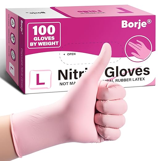 Borje Pink Nitrile Gloves, 100 Count Disposable Gloves, Large, Latex & Powder-Free, Food Safe, Cleaning, Esthetician, Cooking