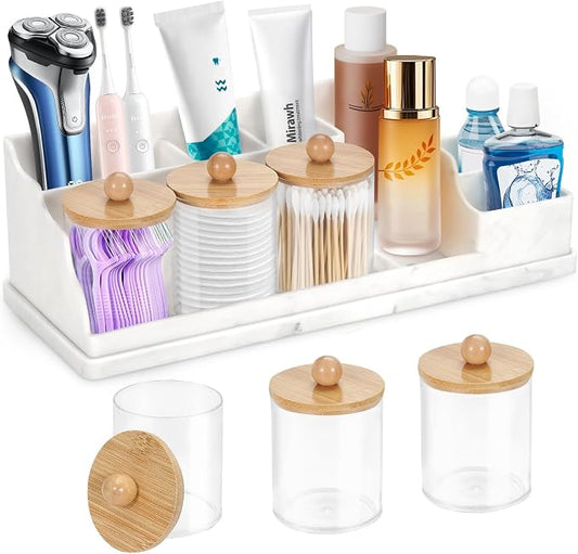 Bathroom Counter Organizer, White Silicone Toothbrush Holders for Bathrooms Organizer Countertop with 3PCS Qtip Holder, Toothbrush and Toothpaste Holder for Bathroom Organization Storage Vanity