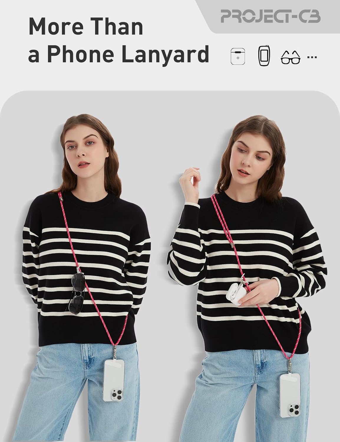 project-cb Cell Phone Lanyard 1,Phone Tether Tab 2,Crossbody Strap,Lanyards for Around the Neck,Adjustable Strap 80-160cm (White-Black-B)