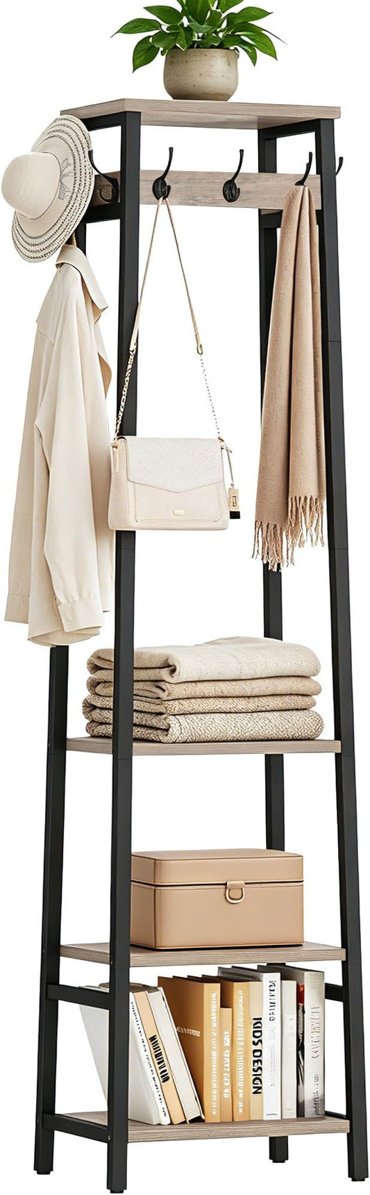 Coat Rack Freestanding, Coat Stand with 3 Shelves and 7 Hooks, Hall Tree Free Standing, Clothes Rack Stand Organizer, Industrial Style, Greige and Black