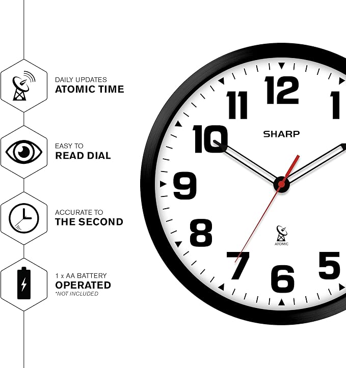 Sharp Atomic Analog Wall Clock - 12" Black Stylish Frame - Sets Automatically- Battery Operated - Easy to Read - Easy to Use – Modern Design and Style