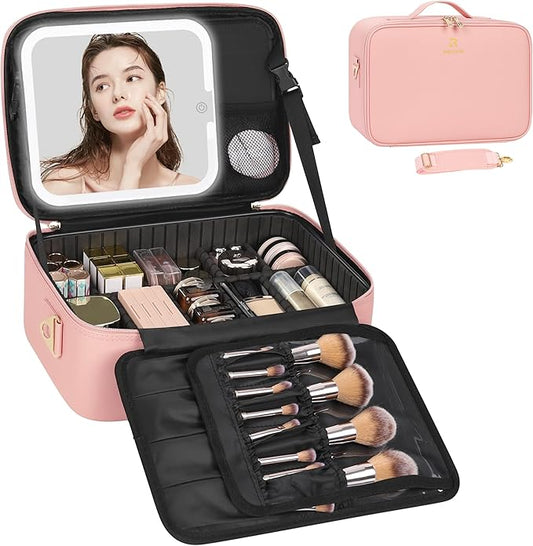 Relavel Travel Makeup Bag With LED Mirror, Portable Cosmetic Bag Organizer with Adjustable Brightness in 3 Color Scenarios, Professional Large Cosmetic Train Case with Shoulder Strap - Pink