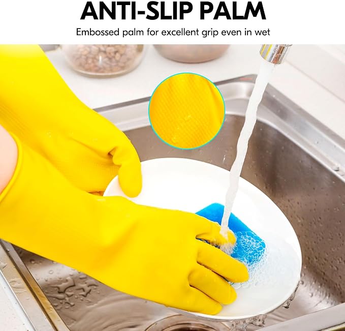 Vgo... 3-Pairs Reusable Household Gloves, Rubber Dishwashing gloves, Extra Thickness, Long Sleeves, Kitchen Cleaning, Working, Painting, Gardening, Pet Care (Size XL, Yellow, HH4601)