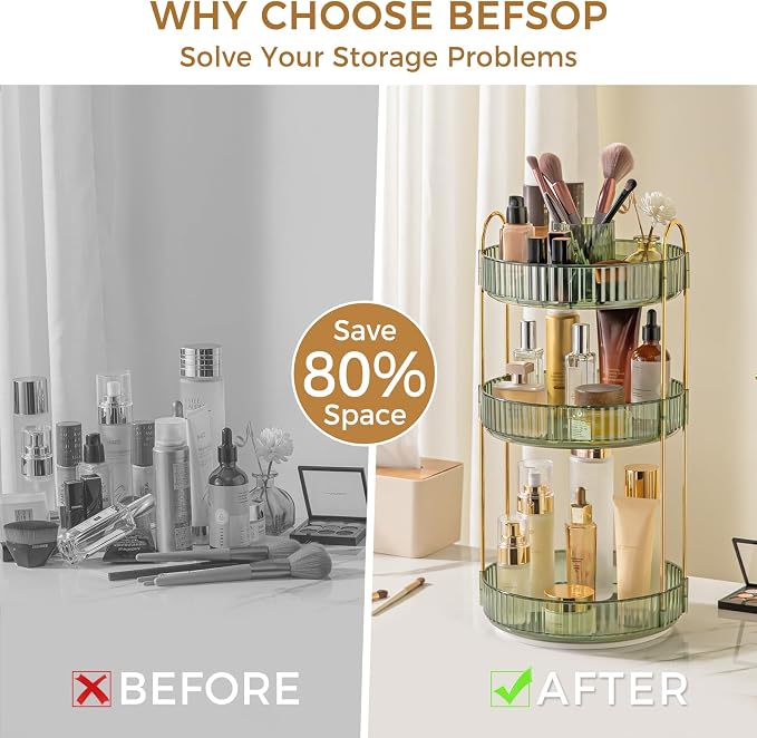 360° Rotating Makeup Organizer, Upgraded 3 Tier Skincare Perfume Organizers for Women, Bathroom Organizer Countertop, Clear Cosmetic Dresser Organizer with Makeup Brush Holder, Sink&Counter (Green)