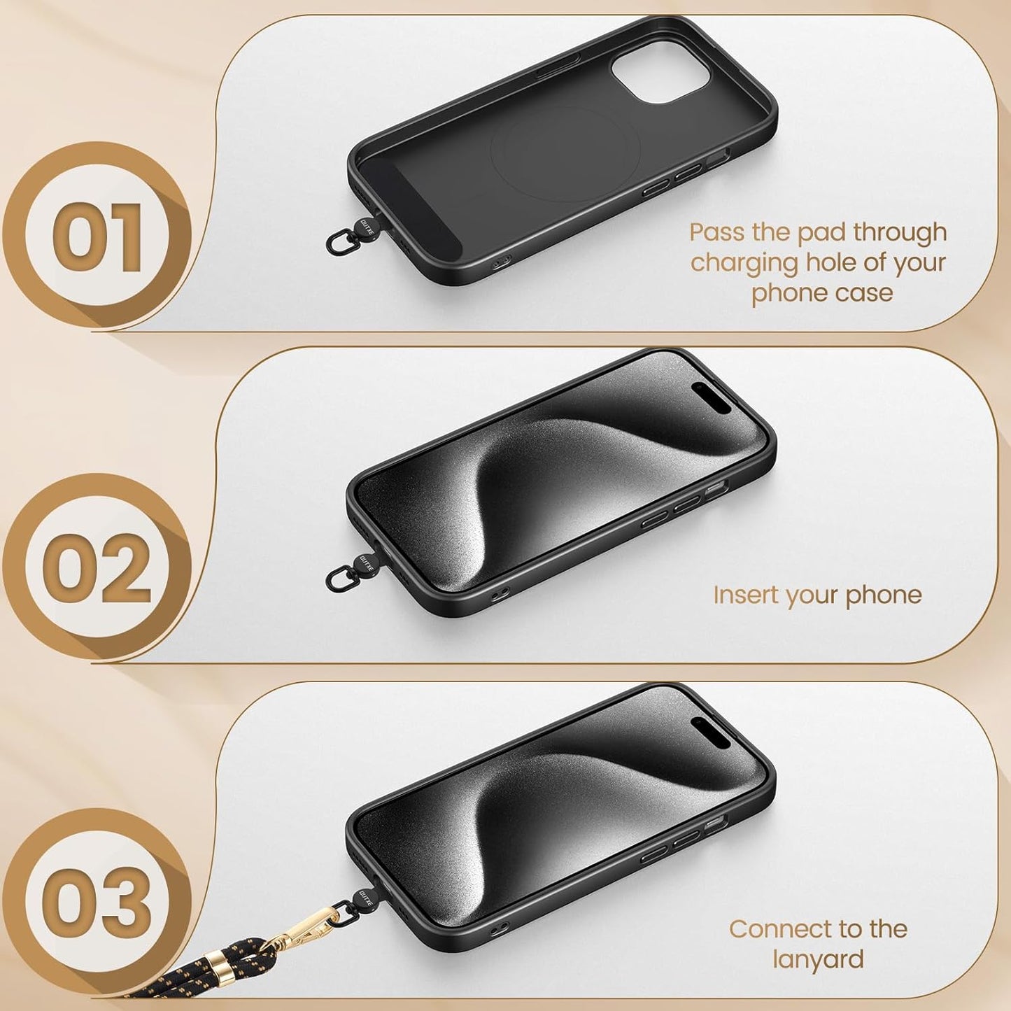 OUTXE Phone Tether Tab Rotatable 360°, 4 Pack Phone Lanyard Patch for Phone Strap Compatible iPhone & Other Cell Phone (Black)
