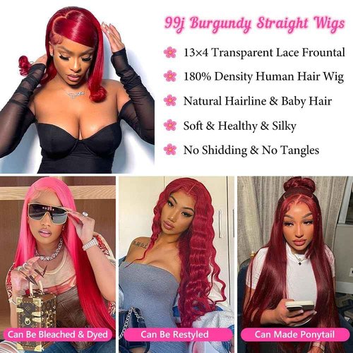 PiPiHA Burgundy Lace Front Wigs - 26 Inch Straight, Pre Plucked, 13x4 HD Glueless, 180% Density (26 Inch, 99j)