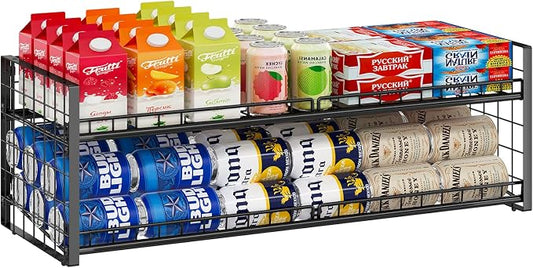 Sbanmao Extra-Long 2-Tier Stackable Can Organizer for Pantry, Sturdy Can Holder for Canned Soup Food Goods Storage up to 64 Cans, Black