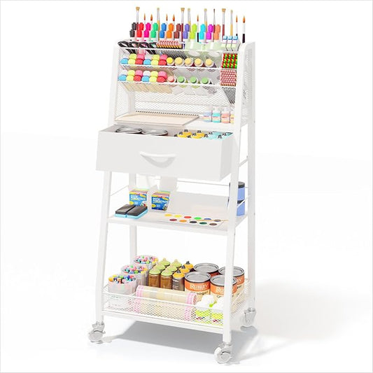Homsorout 3 Tier Rolling Cart - Metal Utility Cart with Storage Drawer and Wheels, Versatile Art & Craft Organizer for Home, Office, or Studio - Ideal for Storing Brushes, Paints, and Supplies（White）