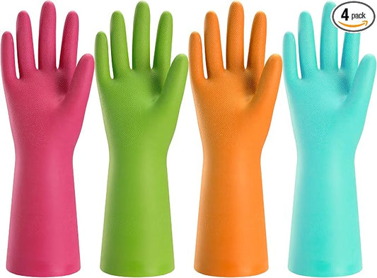 Bamllum Rubber Cleaning Gloves for Kitchen - 4 Pairs Reusable Dishwashing Gloves for Household, Flexible Long-lasting & Waterproof (Small, Blue+Green+Red+Orange)