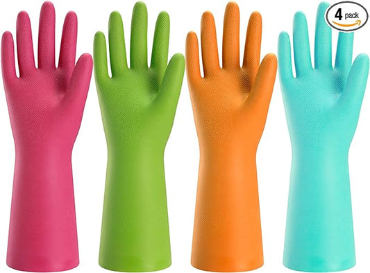 Bamllum Rubber Cleaning Gloves for Kitchen - 4 Pairs Reusable Dishwashing Gloves for Household, Flexible Long-lasting & Waterproof (Large, Blue+Green+Red+Orange)