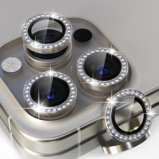 Choiche Compatible for iPhone 15 Pro/iPhone 15 Pro Max Camera Lens Protector Bling, 9H Tempered Glass Camera Cover Screen Protector Metal Ring Decoration Accessories (Diamond-Titanium Gray)