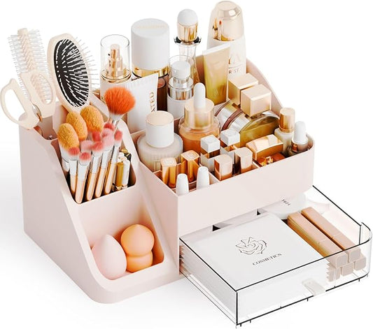 Yieach Countertop Makeup Organizers for Vanity,Bathroom,Dresser,Large Makeup Storage Organizer and Beauty Skincare Organizer,Plastic Makeup Holders and Organizers for Lotion,Hair Product & Tool,Pink