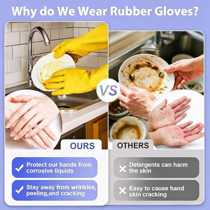 Rubber Kitchen Dishwashing Gloves - 4 Pairs Colorful Reusable Cleaning Gloves for Kitchen Washing Dishes and Household Cleaning (Medium, Yellow+Blue)
