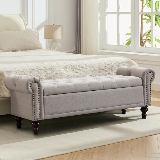 58'' Upholstered Storage Bench for Bedroom, Linen End of Bed Storage Ottoman Benches Large, Button Tufted Ottomans with Storage for Living Room/Entry Way/Closet, Light Brown
