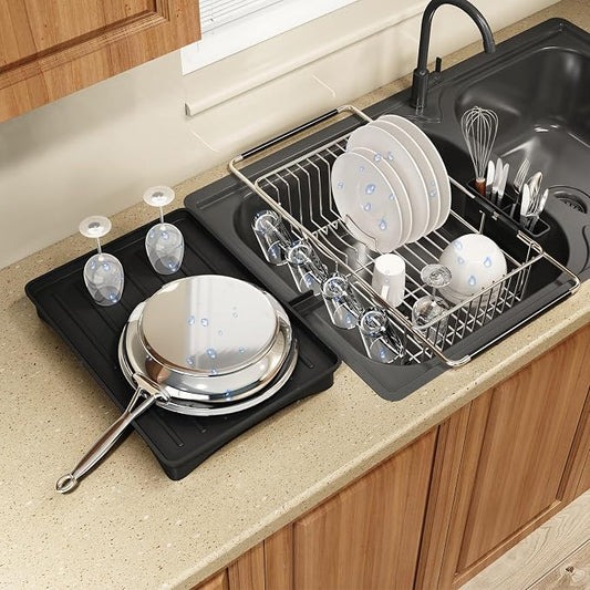 MAJALiS Dish Drying Rack Over The Sink with Utensil Holder, Drainboard | Expandable Stainless Steel Dish Drainer for Small Kitchen, Apartment, RV, Counter Space Saving, Perfect Fit, Rustproof