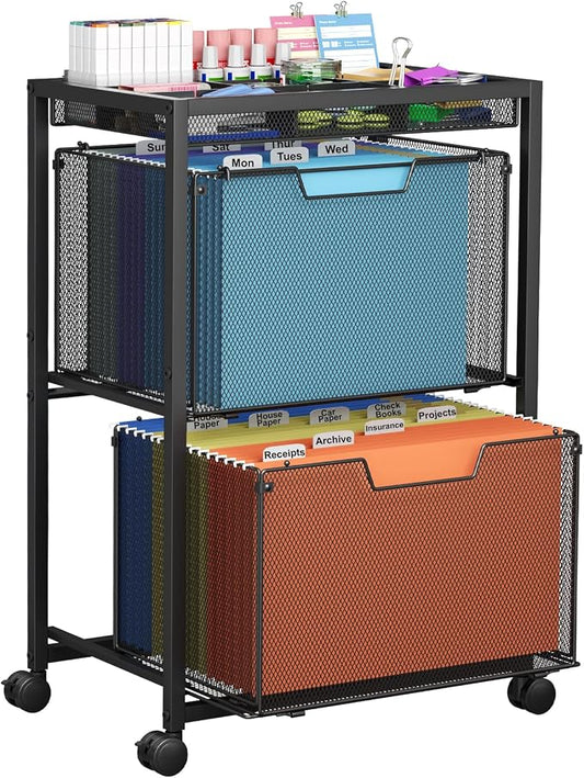 Rolling File Cart with 2 Drawers, Under Desk Storage Cabinet with DIY Divider, Letter/Legal Mobile Filling Cabinet on Wheels, Hanging File Folders Organizer, Metal Utility Cart for Home Office, Black
