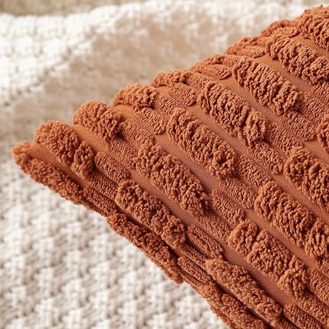 MIULEE Pack of 2 Dark Rust Corduroy Decorative Euro Sham Pillow Covers 22x22 Inch Soft Boho Striped Throw Pillow Covers Modern Farmhouse Home Decor for Summer Sofa Living Room Couch Bed