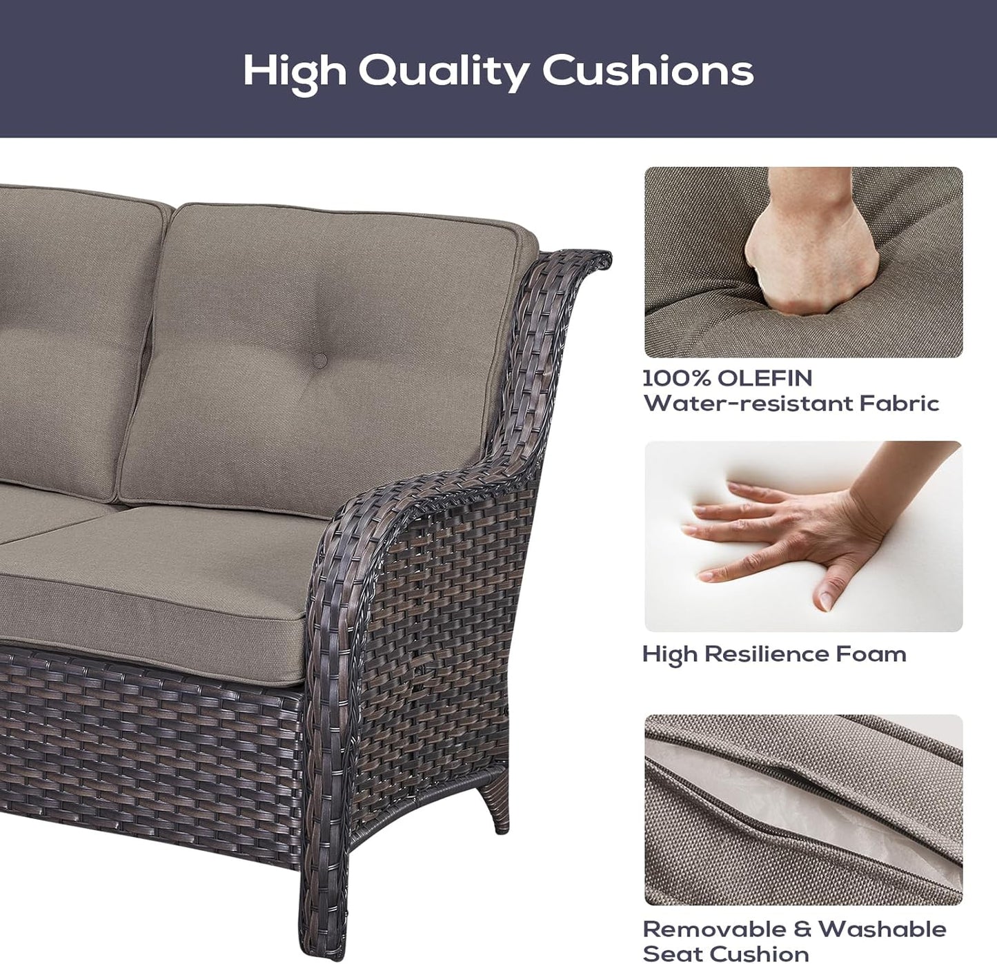 Outdoor Sectional Sofa Furniture Set with Propane Fire Pit Table, Wicker Patio Conversation Set with 2 Swivel Glider Rocker Chairs Grey Cushion Perfect for Backyard Casual Gathering