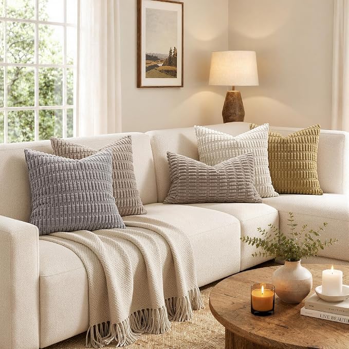 MIULEE Pack of 2 Corduroy Decorative Euro Sham Throw Pillow Covers 24x24 Inch Soft Boho Striped Pillow Covers Modern Farmhouse Home Decor for Sofa Living Room Couch Bed Light Brown