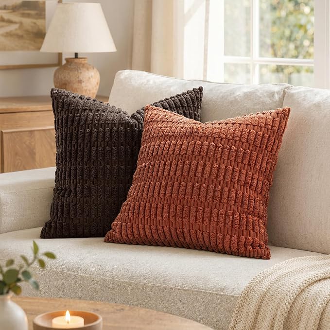MIULEE Pack of 2 Rust Corduroy Decorative Pillow Covers 20x20 Inch Soft Boho Striped Throw Pillow Covers Modern Farmhouse Home Decor for Summer Sofa Living Room Couch Bed