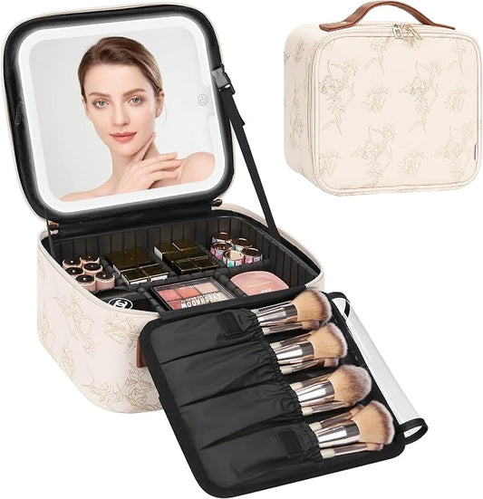 Relavel Travel Makeup Bag With LED Mirror, Portable Cosmetic Organizer Bag with Adjustable Brightness in 3 Color Scenarios, Small Train Case with Detachable Dividers for Trip- Lily Flower