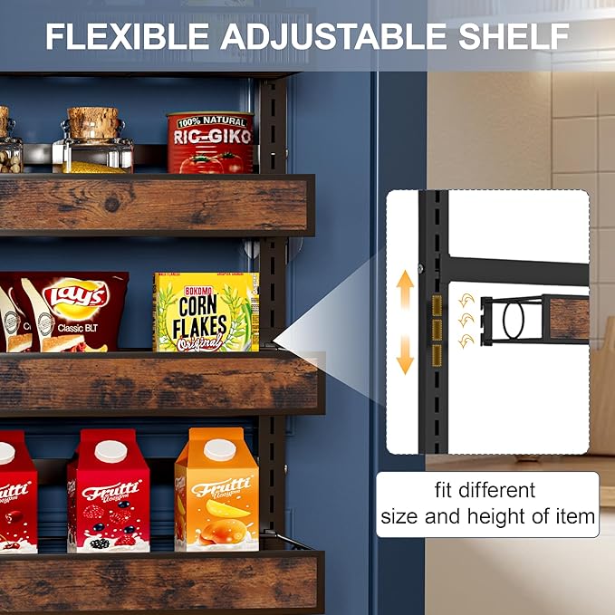 8 Tier Over The Door Pantry Orangizer 2 IN 1 Wall Mounted or Hanging Spice Rack with Adjustable Wood Basket,Heavy Duty Seasoning Storage Shelf for Kitchen Pantry and Bathroom