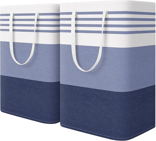 WOWBOX 2 Pack Laundry Baskets, Laundry Hampers, Freestanding Dirty Clothes Hampers with Reinforced Handles & Cross Stitch & Waterproof Coating, for Laundry Bedroom Bathroom Dorm,75L Blue