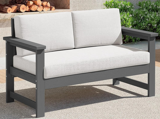 SERWALL Gray HDPE Outdoor Loveseat with Khaki Cushions, All Weather Use Outdoor Loveseat Sofa, Gray Frame with Khaki Cushions