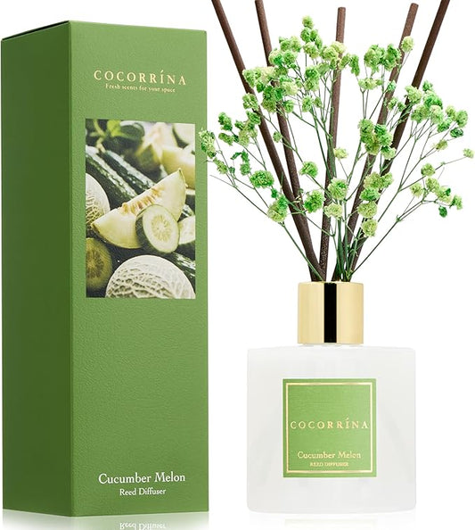 COCORRÍNA Reed Diffuser - Cucumber Melon 6.7 fl oz Reed Diffuser with Sticks, Home Bedrrom Bathroom Shelf Decor