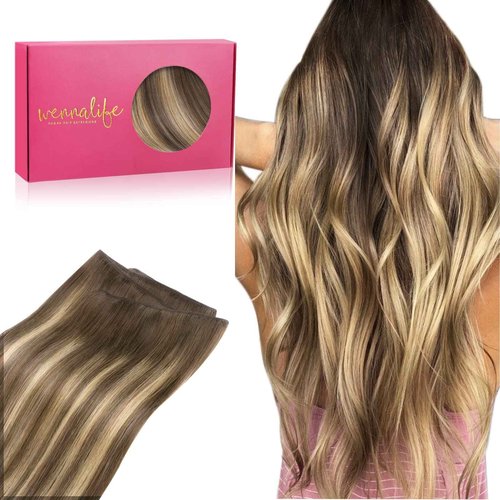 WENNALIFE Sew in Hair Extensions Real Human Hair, 20 Inch 100g Balayage Chocolate Brown to Caramel Blonde Machine Weft Remy Hair Hand Tied Weft Straight Extensiones De Cabello Hmano