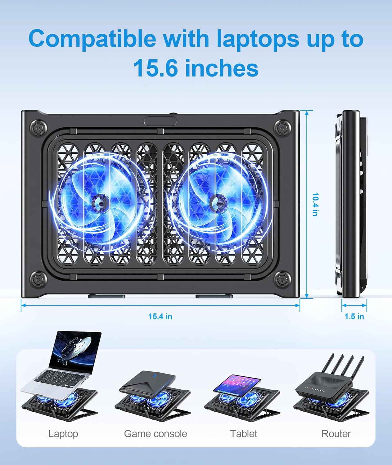 Laptop Cooling Pad Stand, Laptop Cooler with 2 Silent Fans for 10-15.6 Inch Laptops,6 Levels of Height Adjustable Wind Speed with 2 USB Ports (Black)