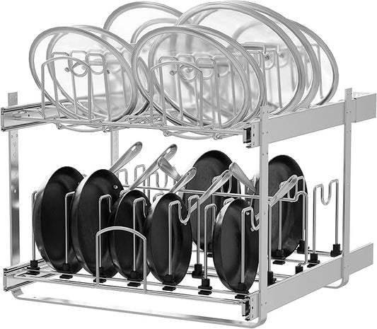 2-Tier Kitchen Pull out Cabinet Organizer for Pots, Pans, and Lid Cookware, Adjustable Heavy Duty Wire Pan and Pot Rack, Full-Extension Rail 21" W *22" D