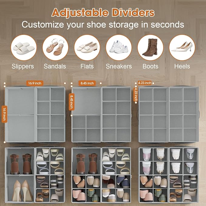 4 Pack Shoe Organizer for Closet,Foldable Shoe Storage Organizer with Adjustable Dividers, Shoe Storage Box with Clear Cover, Fits up to 32 Pairs, Gray