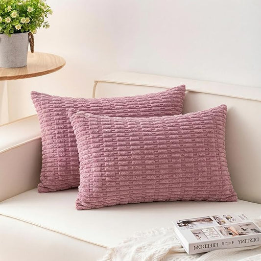 Aegero Pack of 2 Corduroy Decorative Throw Pillow Covers 12x24 Inch Soft Striped Pillow Covers Modern Farmhouse Home Decor for Sofa Living Room Couch Bed（Pink）