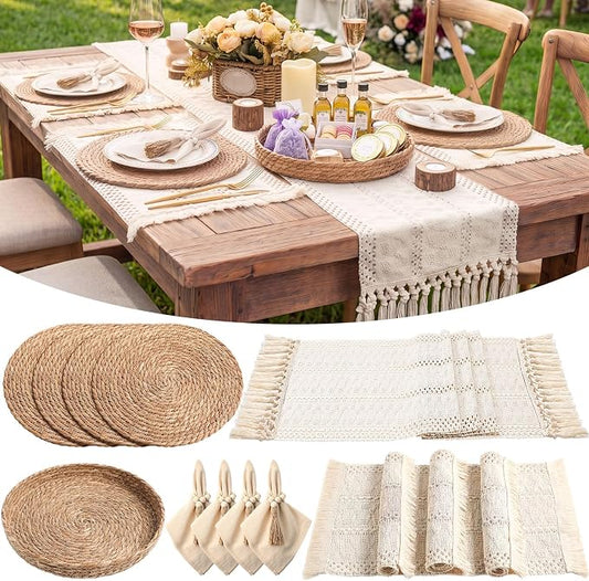 4 Sets Boho Decoration Placemats Round Woven Placemats, Cloth Napkins, Wood Bead Napkin Rings, Long Table Runner and Farmhouse Burlap Cotton for Table Kitchen (White,12x72)