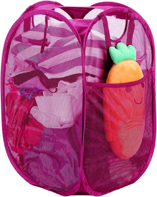 Strong Mesh Pop-up Laundry Hamper, Quality Laundry Basket with Durable Handles Solid Bottom High Carbon Steel Frame, Easy to Open and Fold Flat for Storage (Pink)